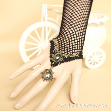 Black Mesh Elastic Lace Hand Bracelet With Alloy Ring Set